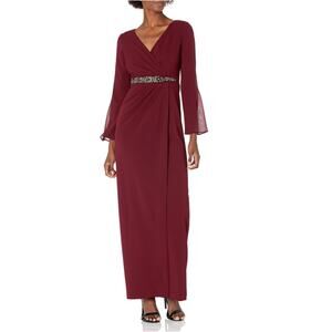 Adrianna Papell Women's Beaded Waistline Chiffon Long Sleeve Knit Crepe Dress